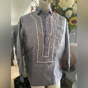 Men's Gray Filipinino Barong Tagalog XL Embroidered Shirt
